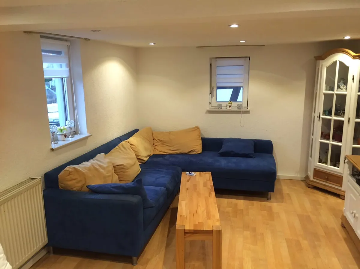 Renovierter Wohnraum mit abgehängter Decke und Einbauspots